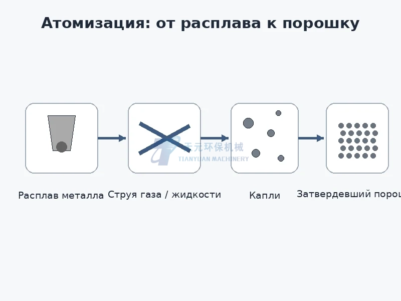 Схема атомизации металлического расплава от жидкого металла через струю газа или жидкости к затвердевшему порошку