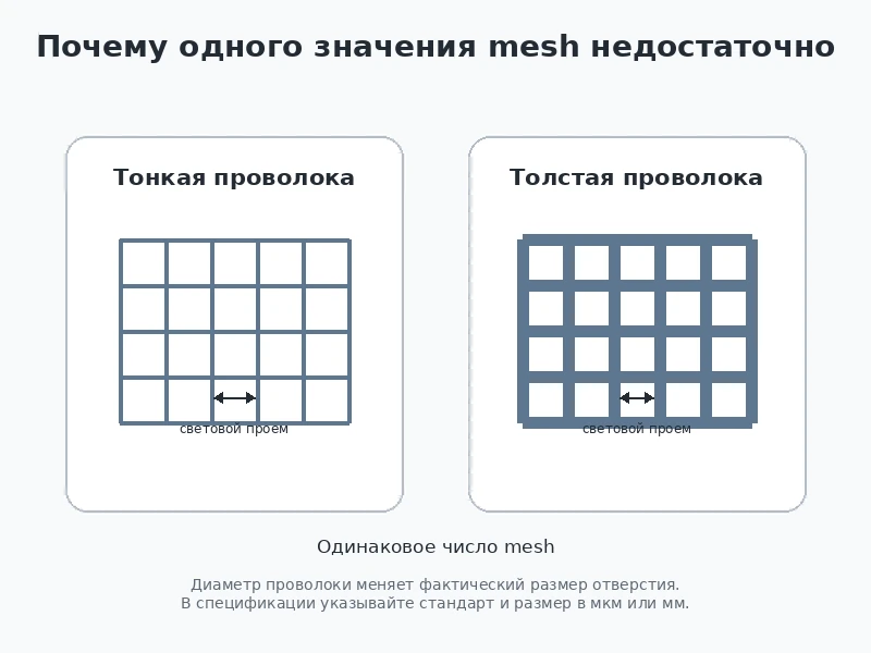 Влияние диаметра проволоки на фактическое световое отверстие при одинаковом числе mesh