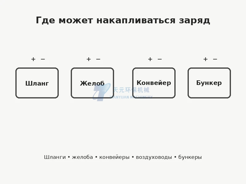 Узлы порошковой линии, где может накапливаться статический заряд