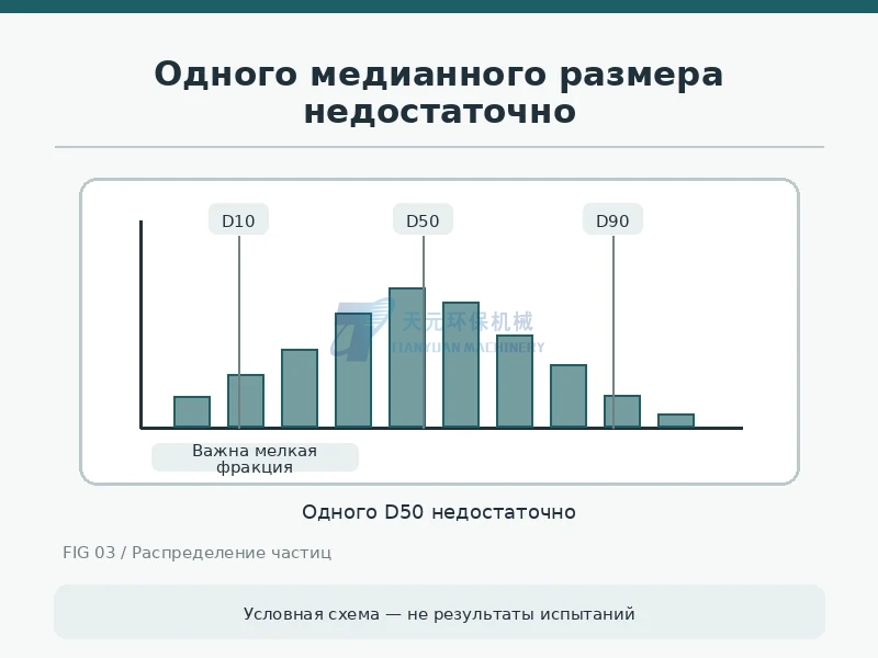 Условное распределение размеров частиц с D10 D50 D90 и мелкой фракцией; не лабораторные данные