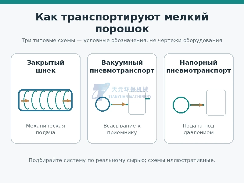 Три условные схемы транспортировки мелкого порошка: закрытый шнек, вакуум и нагнетание