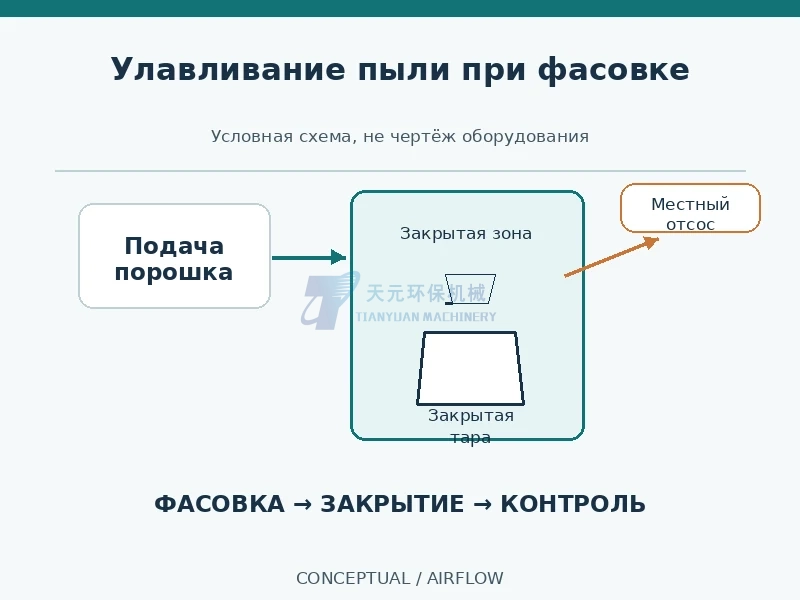 Условная схема закрытой зоны фасовки мелкодисперсного порошка и местного отсоса, не чертёж оборудования Tianyuan