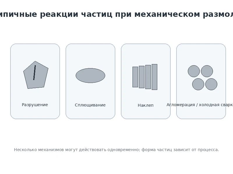 Типичные реакции металлических частиц при размоле: разрушение сплющивание наклеп и агломерация