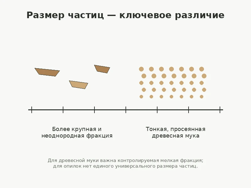Сравнение более крупной неоднородной фракции опилок и мелкой просеянной древесной муки